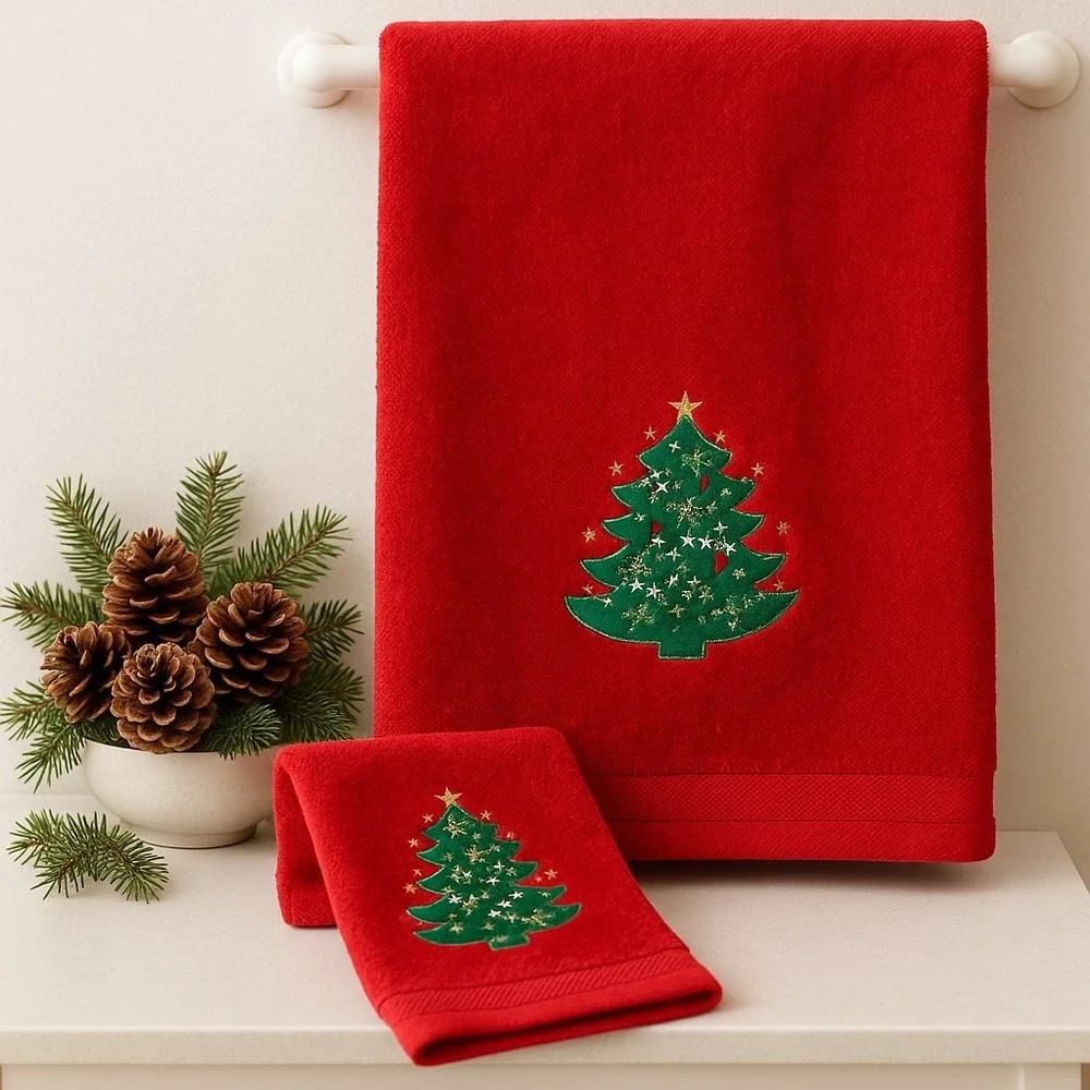 Vintage R.A. Briggs Christmas Towel Set – Bath Towel + Hand Towel – Embroidered